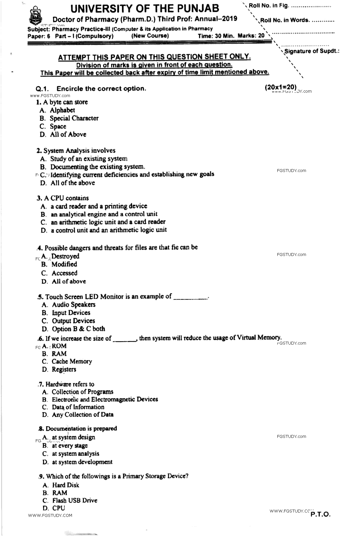 Doctor of Pharmacy Pharmacy Practice 3 Computer And Its Application In Pharmacy Past Paper 2019 Punjab University Objective