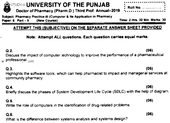 Doctor of Pharmacy Pharmacy Practice 3 Computer And Its Application In Pharmacy Past Paper 2019 Punjab University Subjective