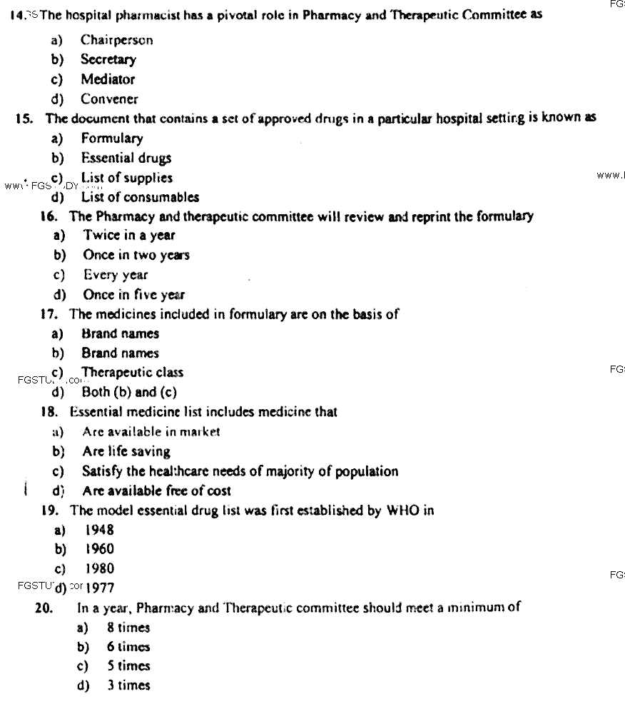 Doctor of Pharmacy Pharmacy Practice 4 Hospital Pharmacy Past Paper 2018 Punjab University Objective