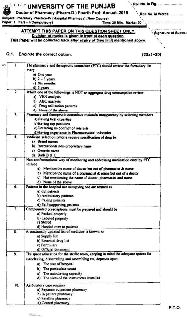 Doctor of Pharmacy Pharmacy Practice 4 Hospital Pharmacy Past Paper 2019 Punjab University Objective