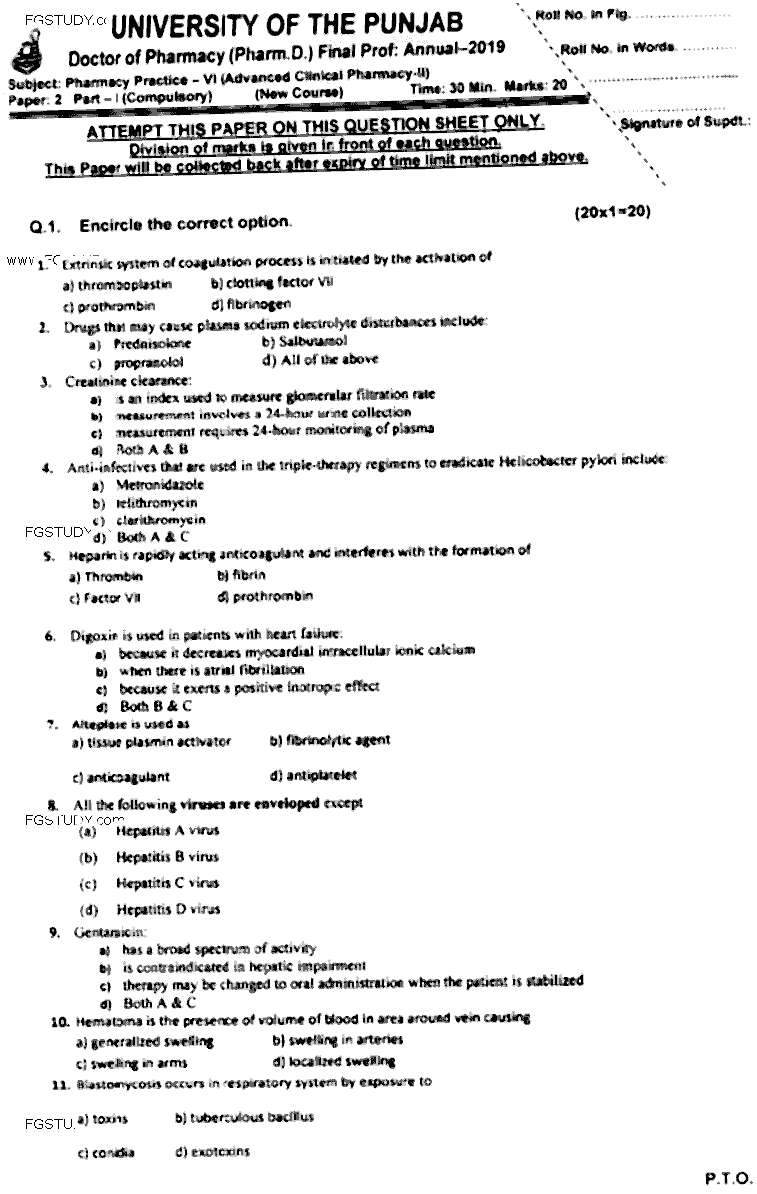 Doctor of Pharmacy Pharmacy Practice 6 Advanced Clinical Pharmacy 2 Past Paper 2019 Punjab University Objective