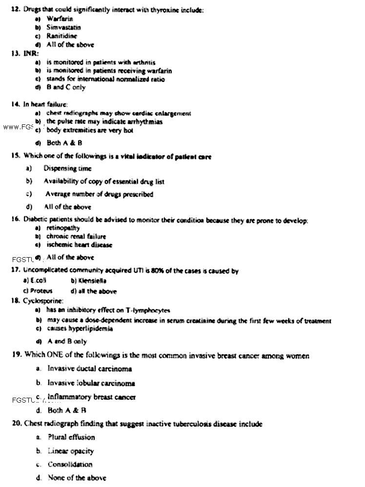 Doctor of Pharmacy Pharmacy Practice 6 Advanced Clinical Pharmacy 2 Past Paper 2019 Punjab University Objective