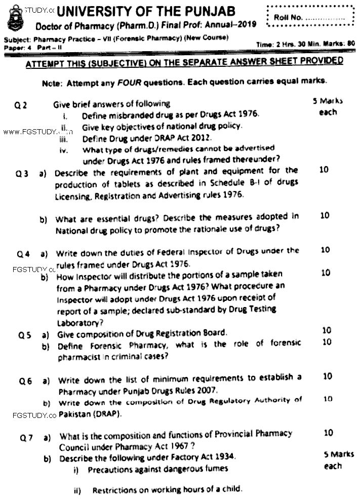 Doctor of Pharmacy Pharmacy Practice 7 Forensic Pharmacy Past Paper 2019 Punjab University Subjective