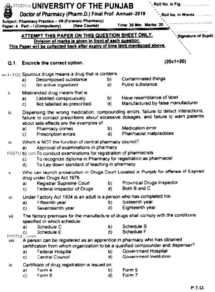 Doctor of Pharmacy Pharmacy Practice 7 Forensic Pharmacy Past Paper 2019 Punjab University Objective