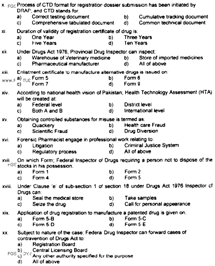 Doctor of Pharmacy Pharmacy Practice 7 Forensic Pharmacy Past Paper 2019 Punjab University Objective