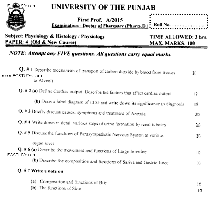 Doctor of Pharmacy Physiology And Histology Past Paper 2015 Punjab University Subjective
