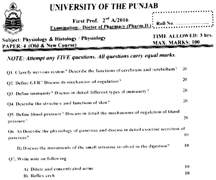Doctor of Pharmacy Physiology And Histology Past Paper 2016 Punjab University Subjective