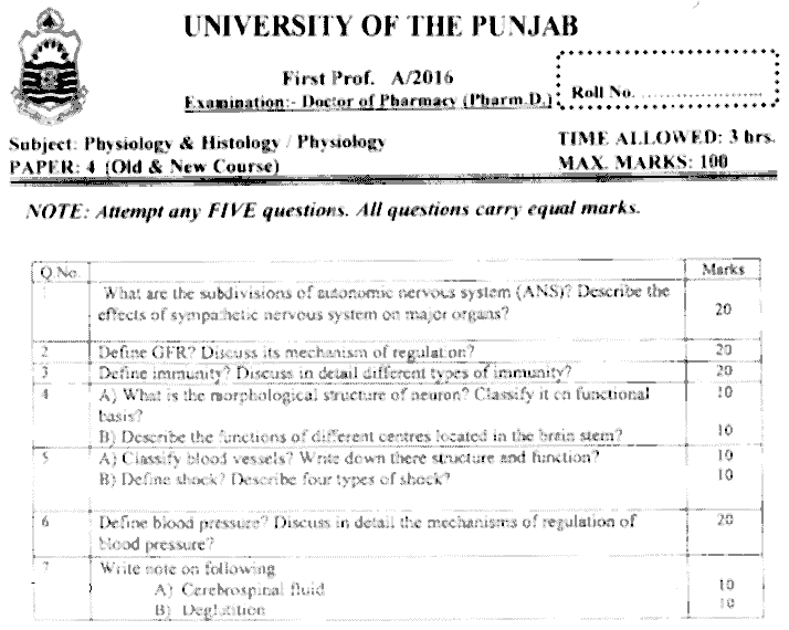 Doctor of Pharmacy Physiology And Histology Past Paper 2016 Punjab University Subjective