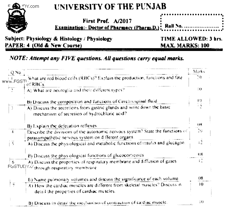 Doctor of Pharmacy Physiology And Histology Past Paper 2017 Punjab University Subjective