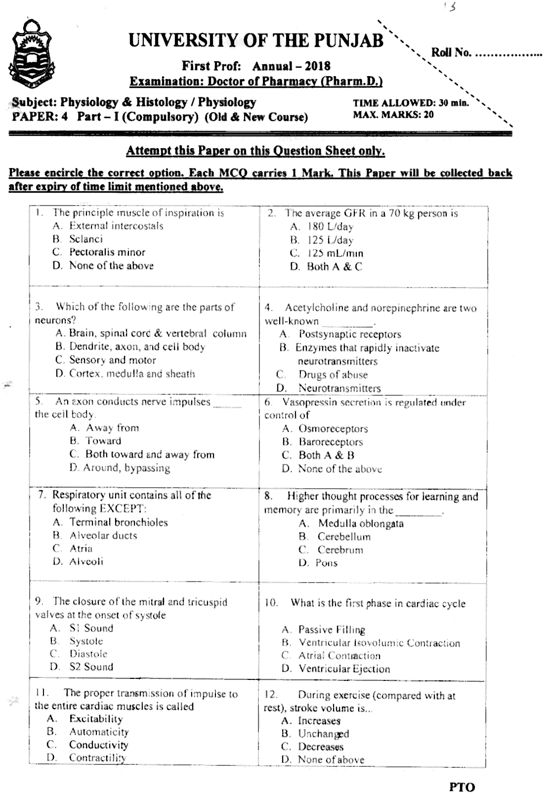 Doctor of Pharmacy Physiology And Histology Past Paper 2018 Punjab University Objective