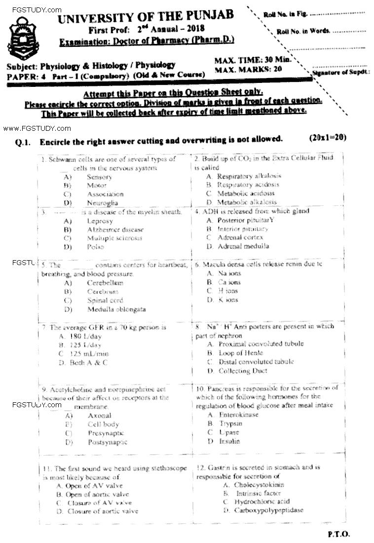 Doctor of Pharmacy Physiology And Histology Past Paper 2018 Punjab University Objective