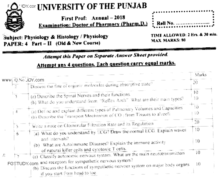 Doctor of Pharmacy Physiology And Histology Past Paper 2018 Punjab University Subjective