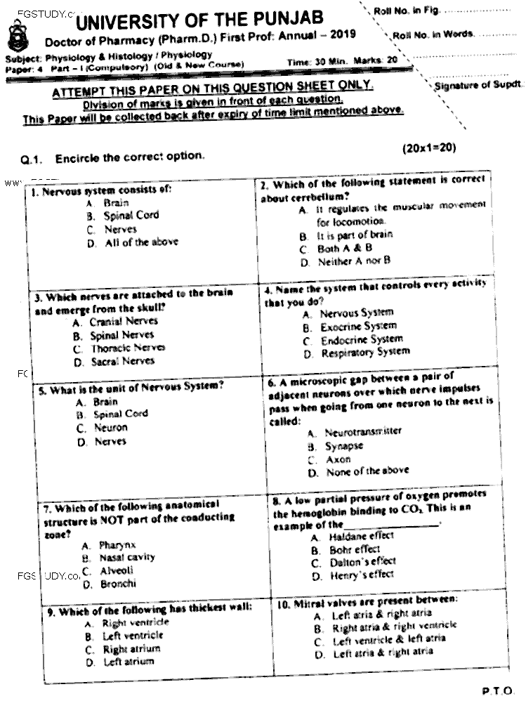 Doctor of Pharmacy Physiology And Histology Past Paper 2019 Punjab University Objective
