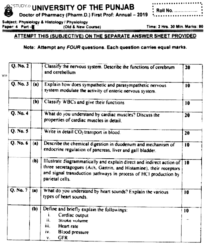 Doctor of Pharmacy Physiology And Histology Past Paper 2019 Punjab University Subjective