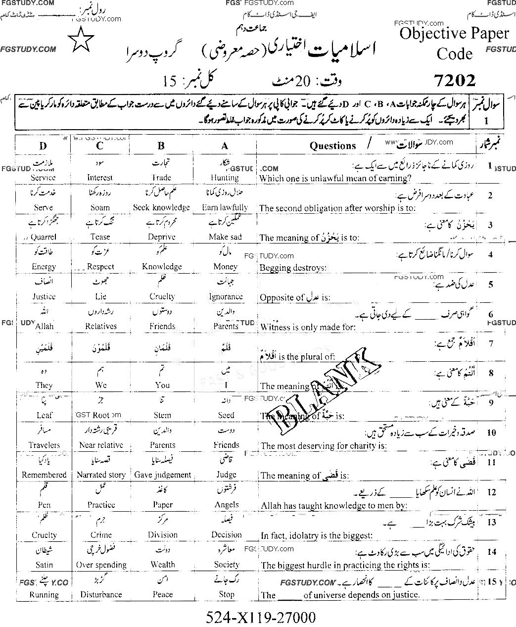 10th Class Advance Islamic Studies Past Paper 2019 Faisalabad Board Group 2 Objective