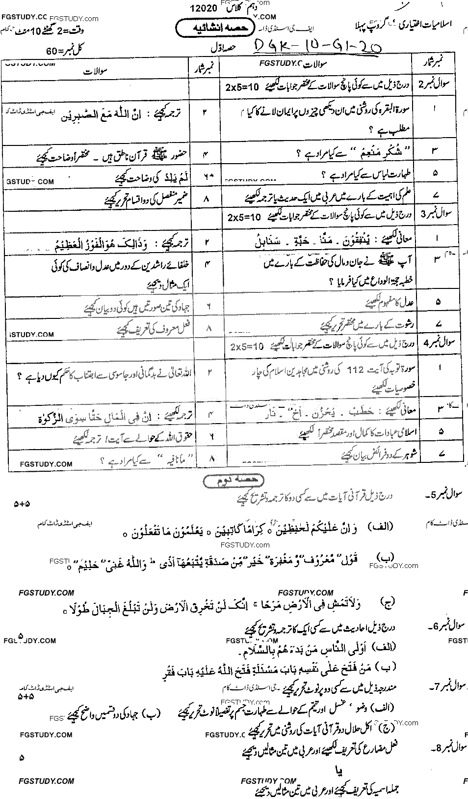 10th Class Advance Islamic Studies Past Paper 2020 Dg Khan Board Group 1 Subjective