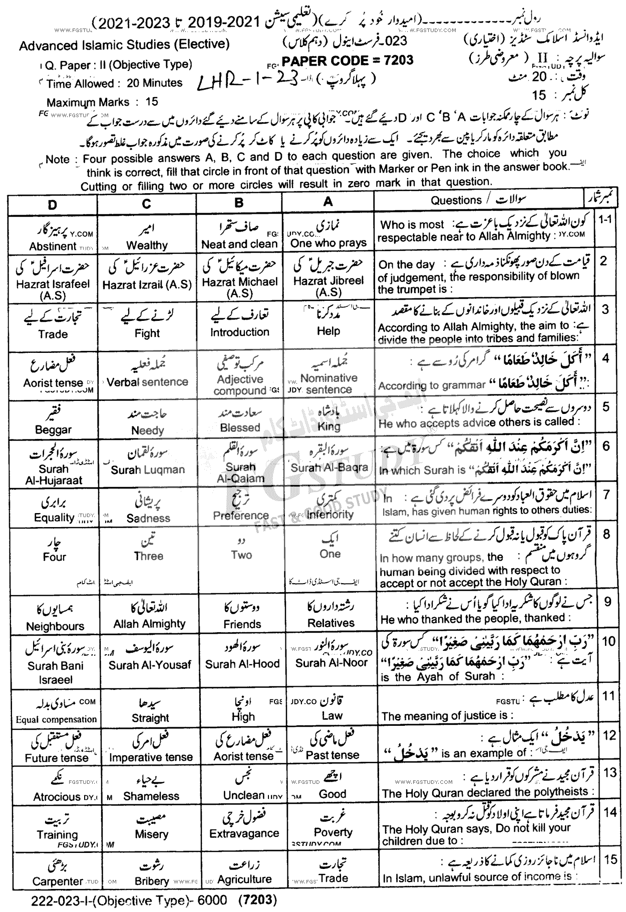 10th Class Advance Islamic Studies Past Paper 2023 Lahore Board Group 1 Objective