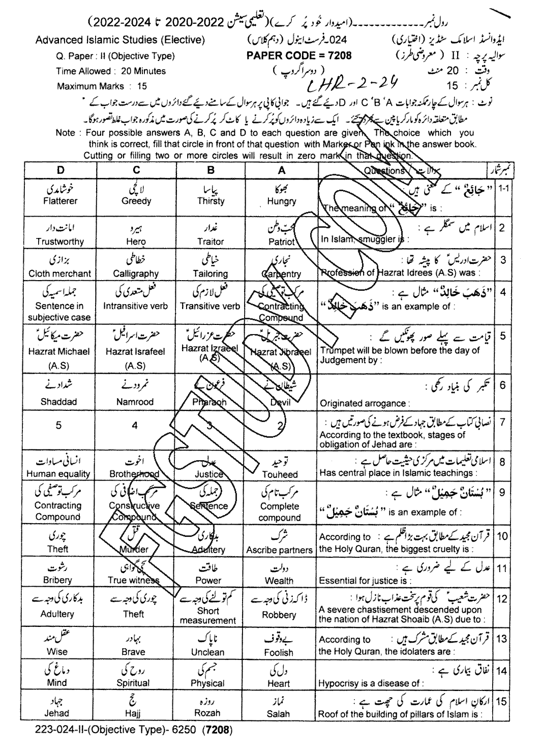 10th Class Advance Islamic Studies Past Paper 2024 Lahore Board Group 2 Objective
