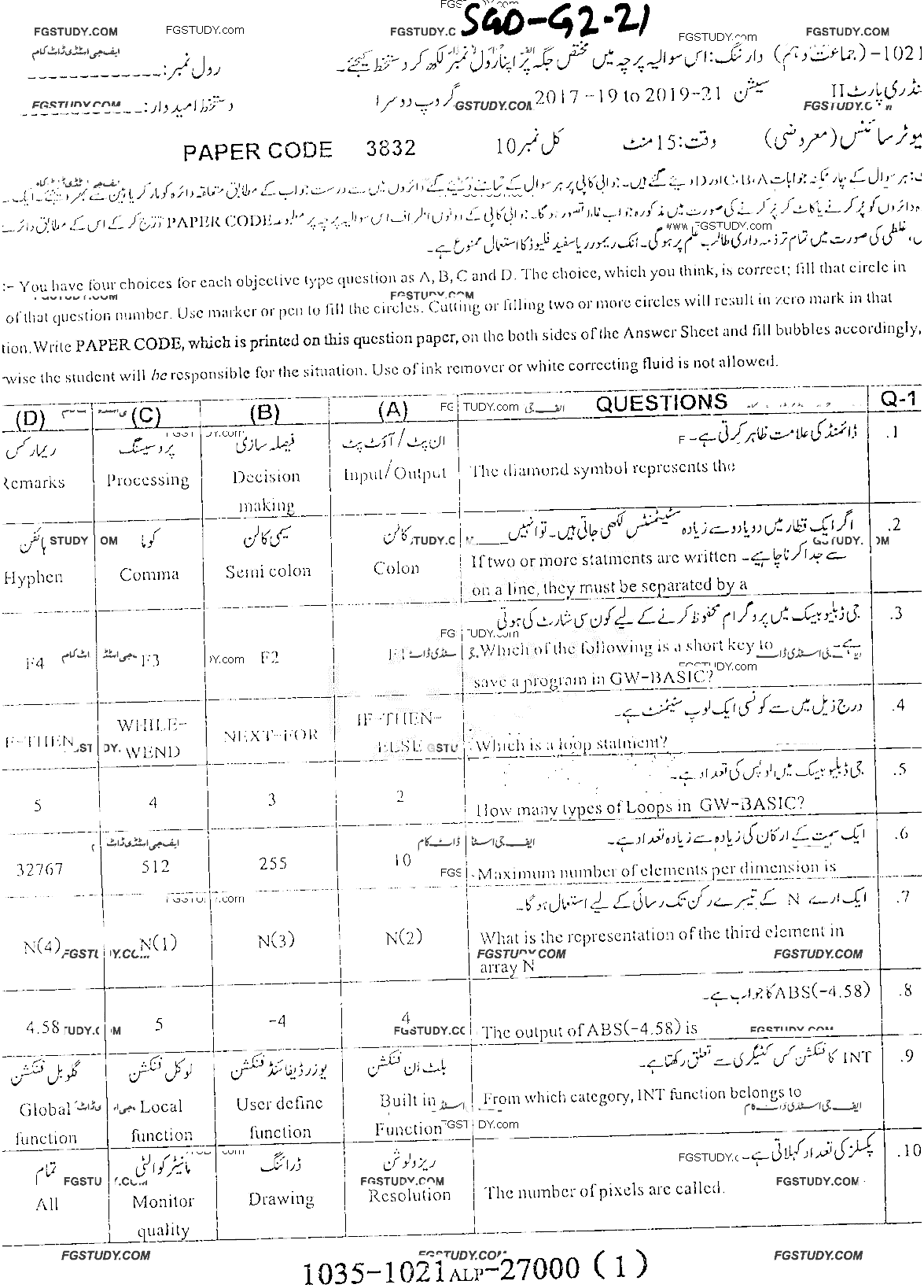 10th Class Computer Science Past Paper 2021 Sargodha Board Group 2 Objective