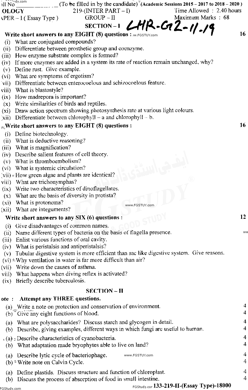 11th Class Biology Past Paper 2019 Lahore Board Group 2 Subjective