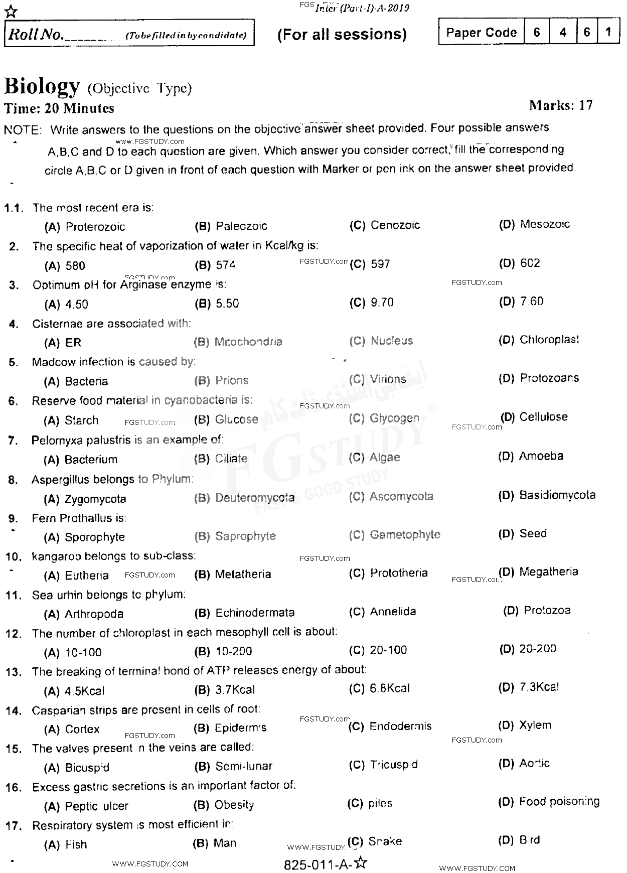 11th Class Biology Past Paper 2019 Rawalpindi Board Objective