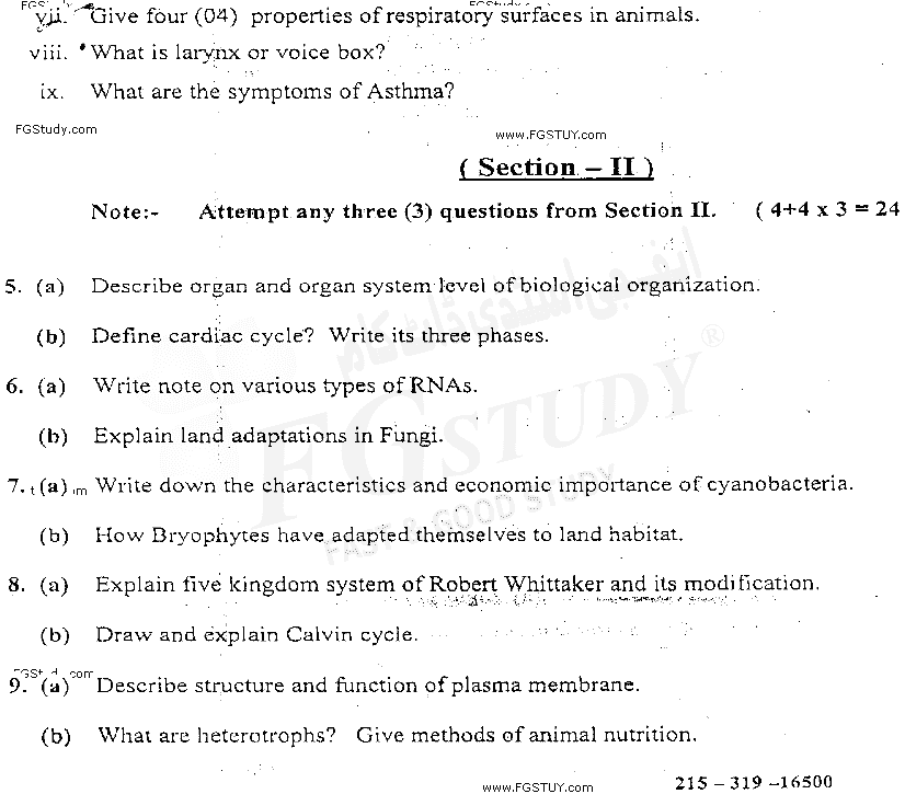 11th Class Biology Past Paper 2019 Sahiwal Board Subjective