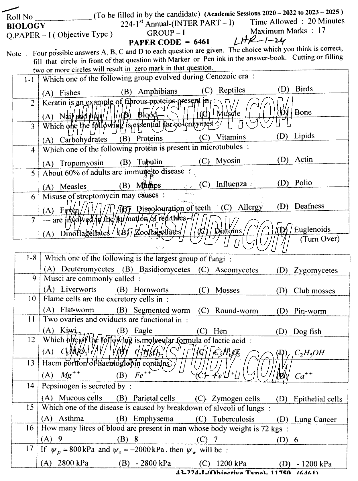11th Class Biology Past Paper 2024 Lahore Board Group 1 Objective