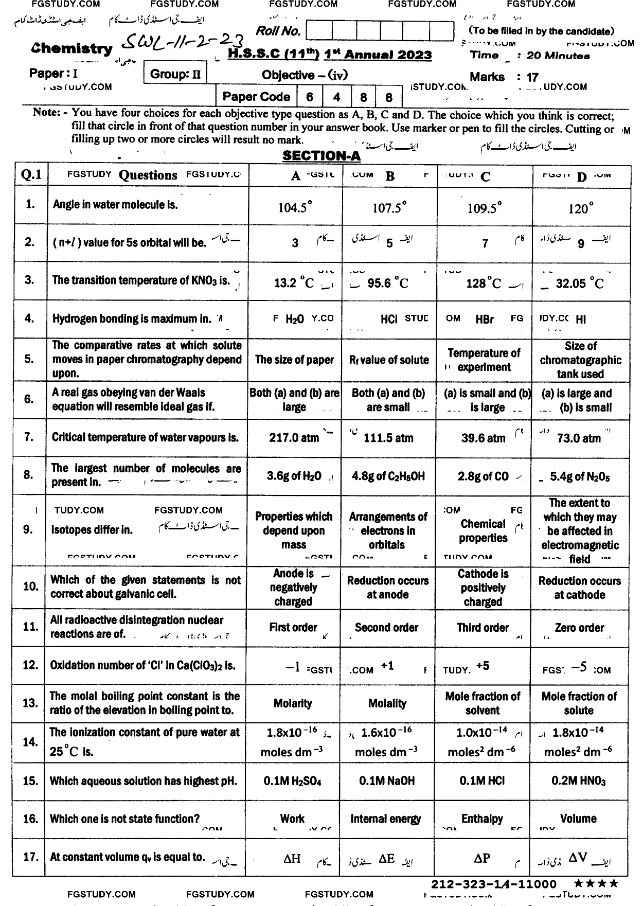 11th Class Chemistry Past Paper 2023 Sahiwal Board Group 2 Objective
