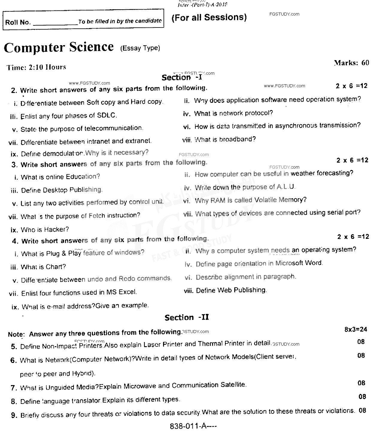 11th Class Computer Science Past Paper 2019 Rawalpindi Board Subjective