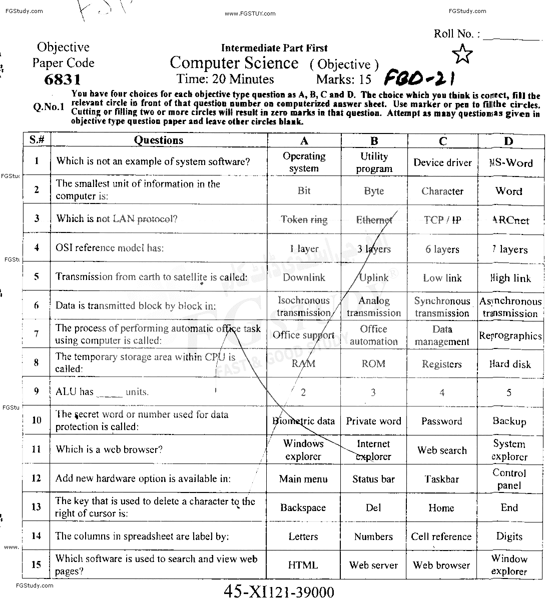 11th Class Computer Science Past Paper 2021 Faisalabad Board Objective