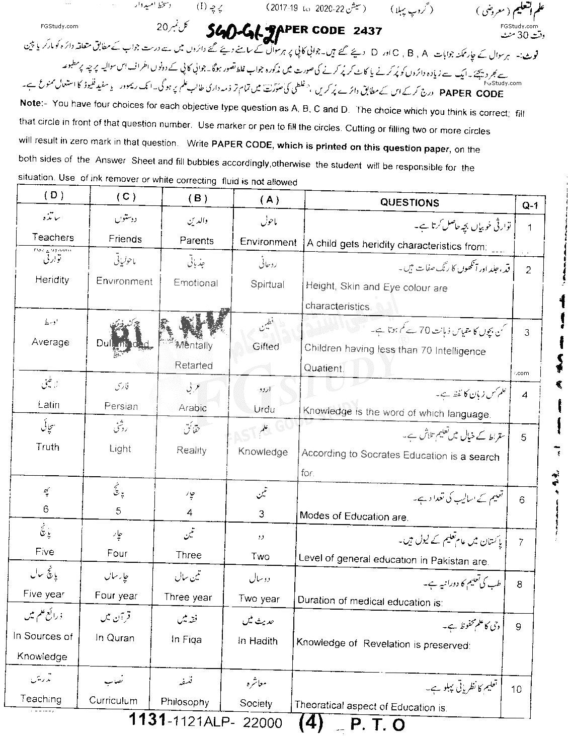 11th Class Education Past Paper 2021 Sargodha Board Group 1 Objective