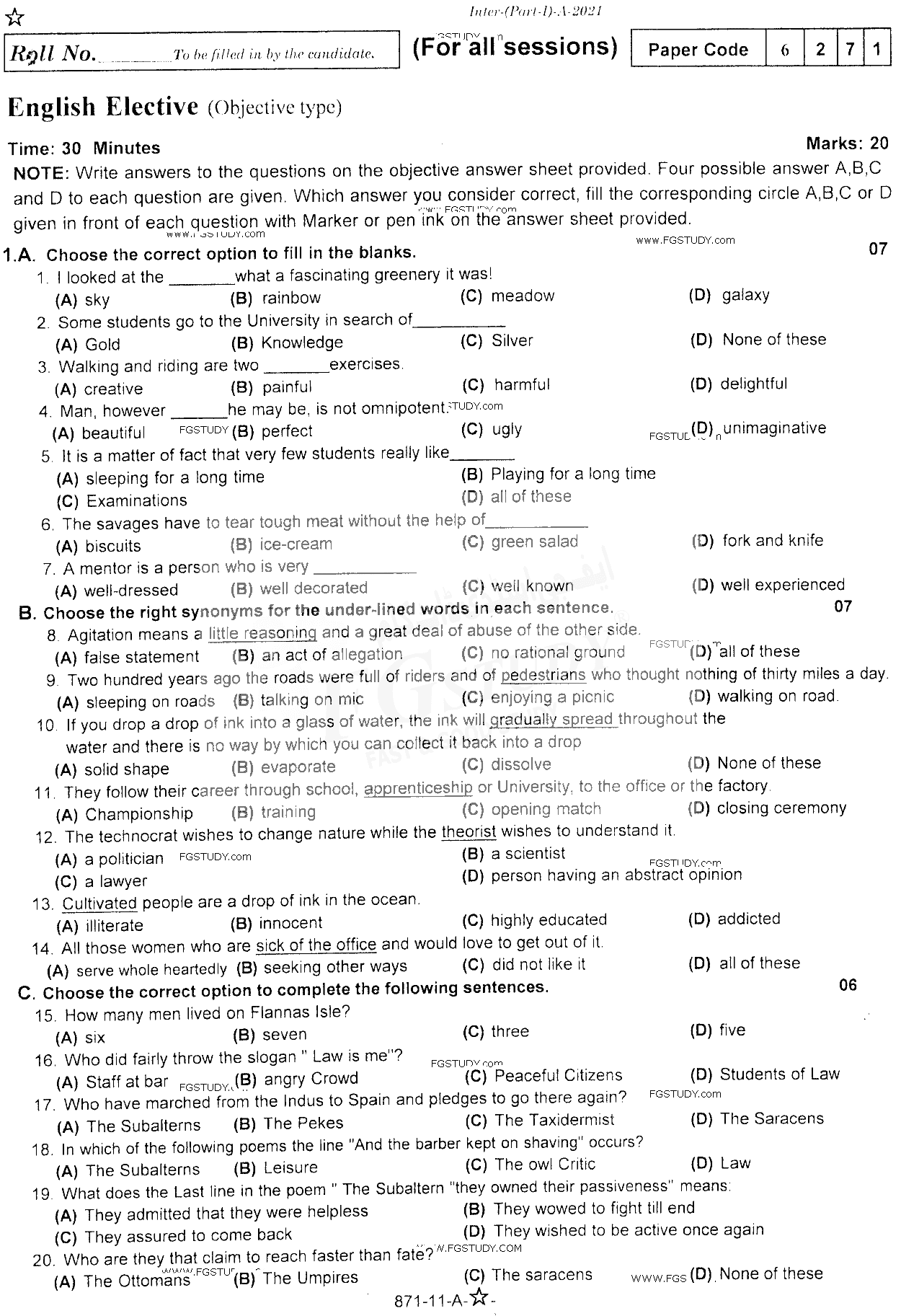 11th Class English Elective Past Paper 2021 Rawalpindi Board Objective