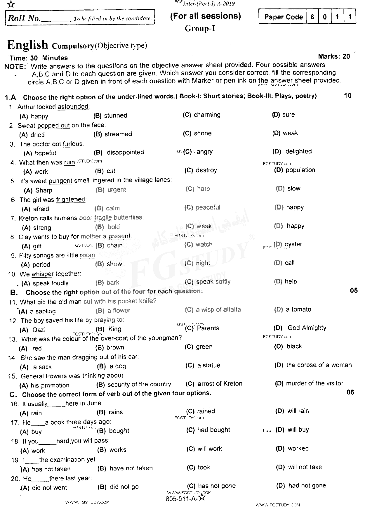 11th Class English Past Paper 2019 Rawalpindi Board Group 1 Objective