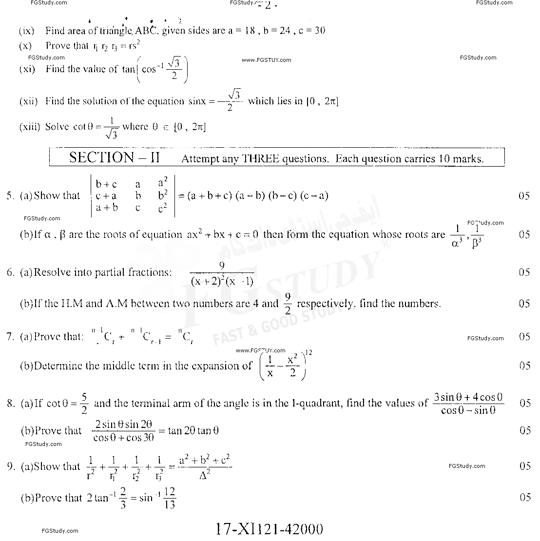 11th Class Mathematics Past Paper 2021 Faisalabad Board Group 1 Subjective