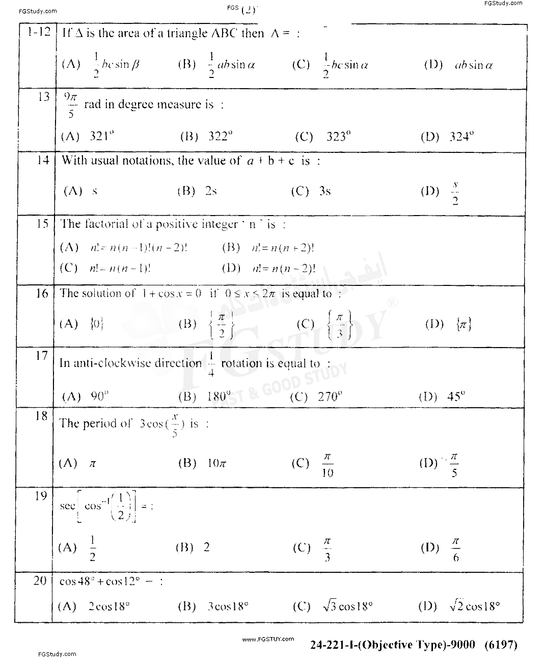 11th Class Mathematics Past Paper 2021 Lahore Board Group 1 Objective