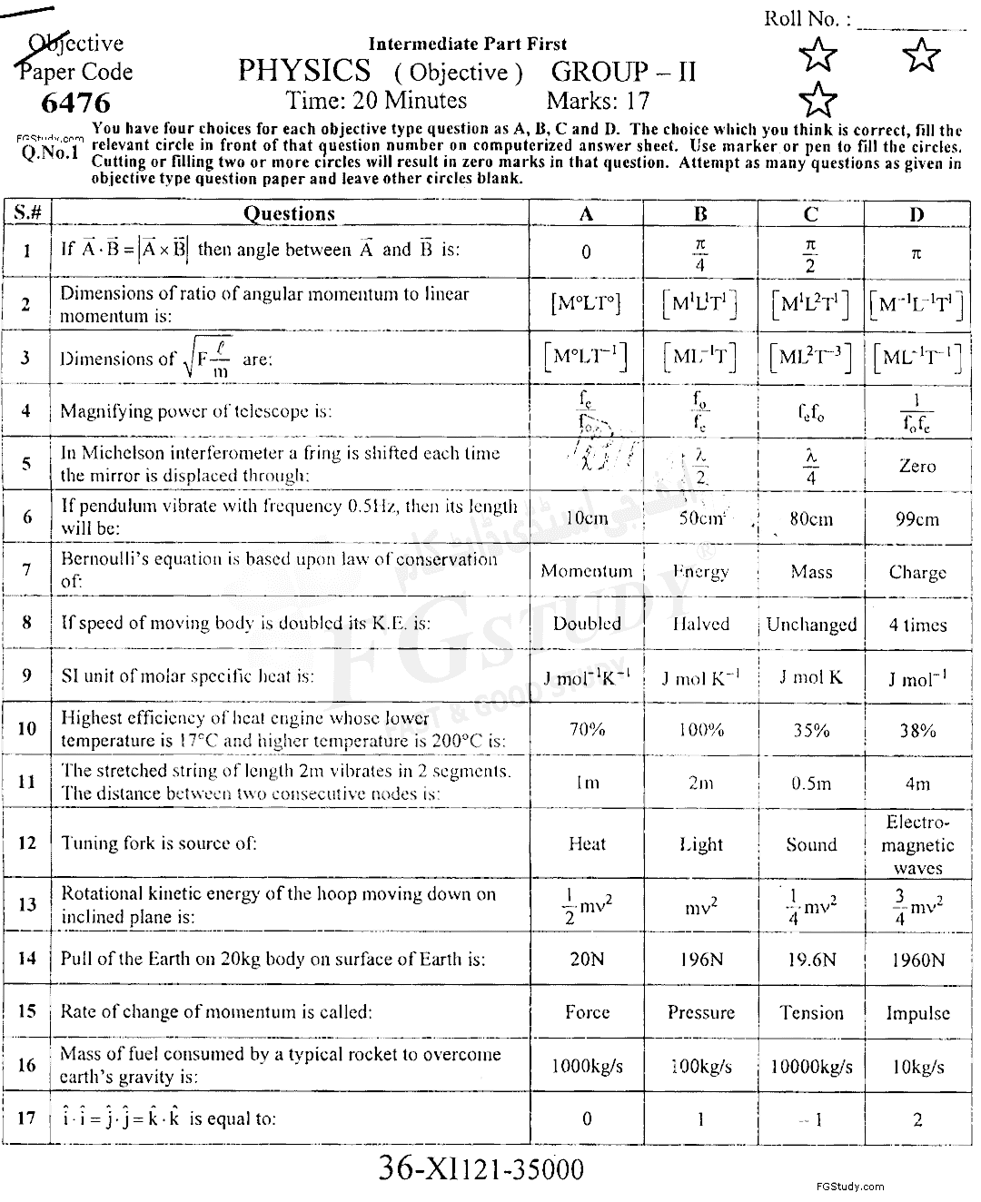 11th Class Physics Past Paper 2021 Faisalabad Board Group 2 Objective