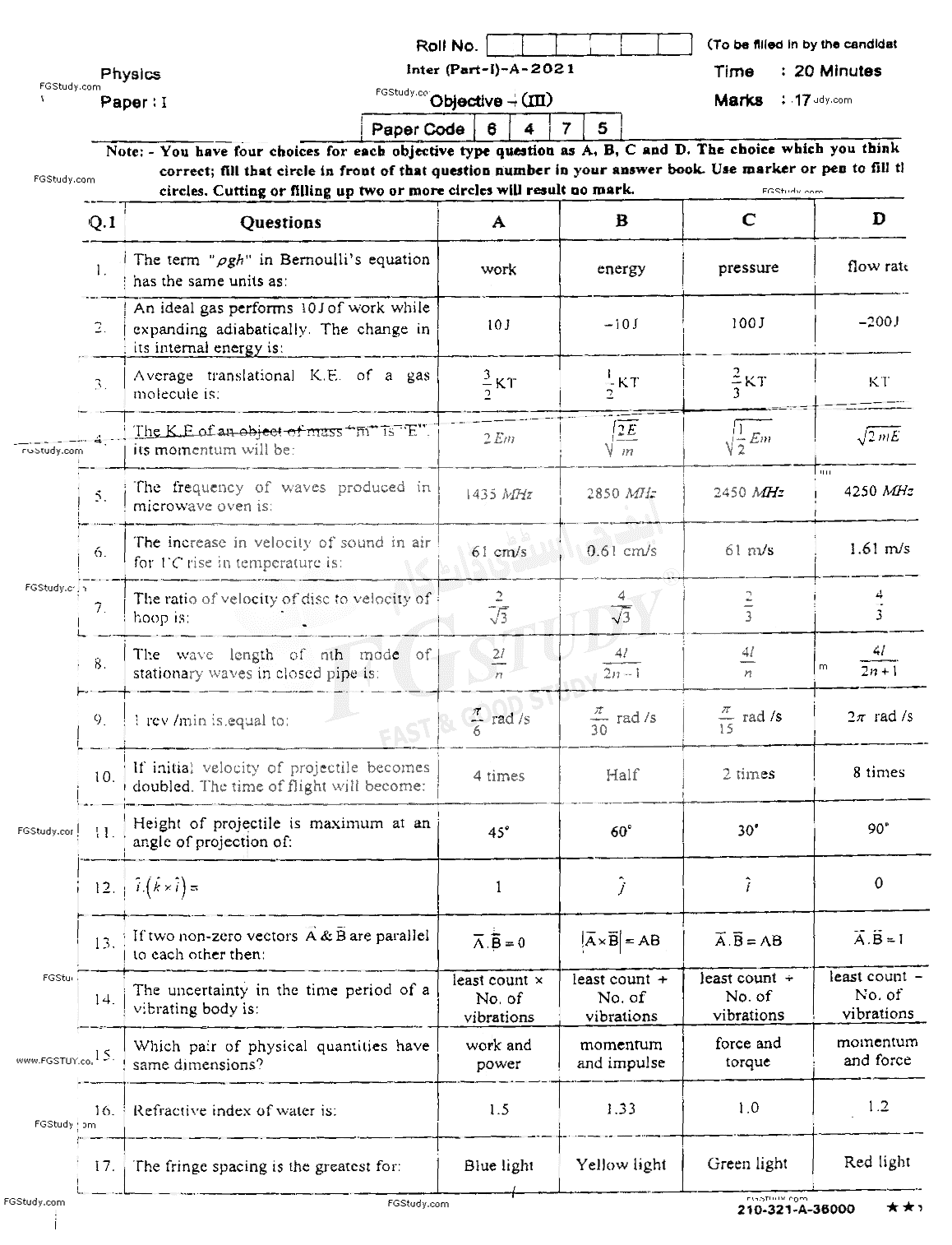 11th Class Physics Past Paper 2021 Sahiwal Board Objective