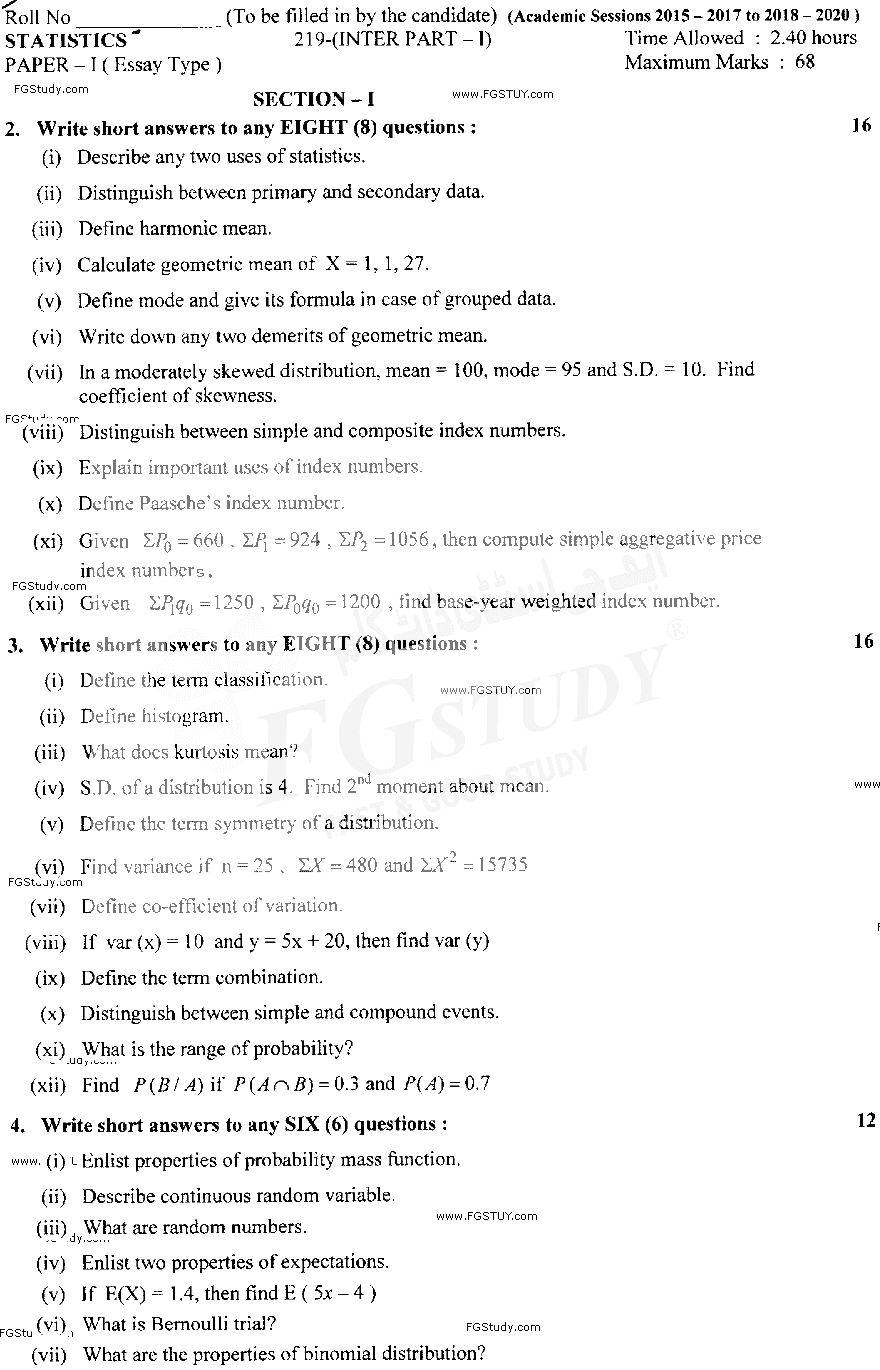 11th Class Statistics Past Paper 2019 Lahore Board Subjective