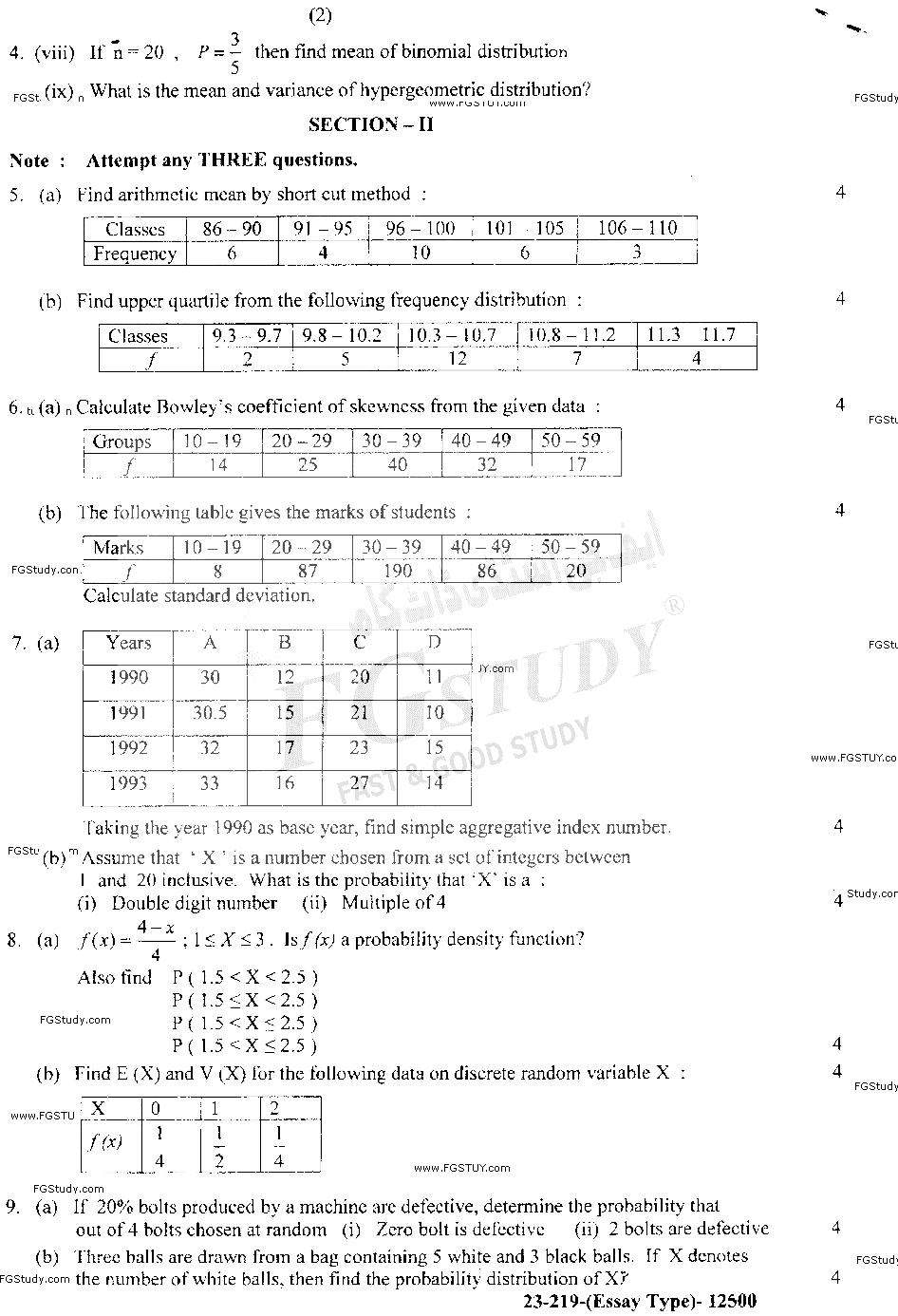 11th Class Statistics Past Paper 2019 Lahore Board Subjective