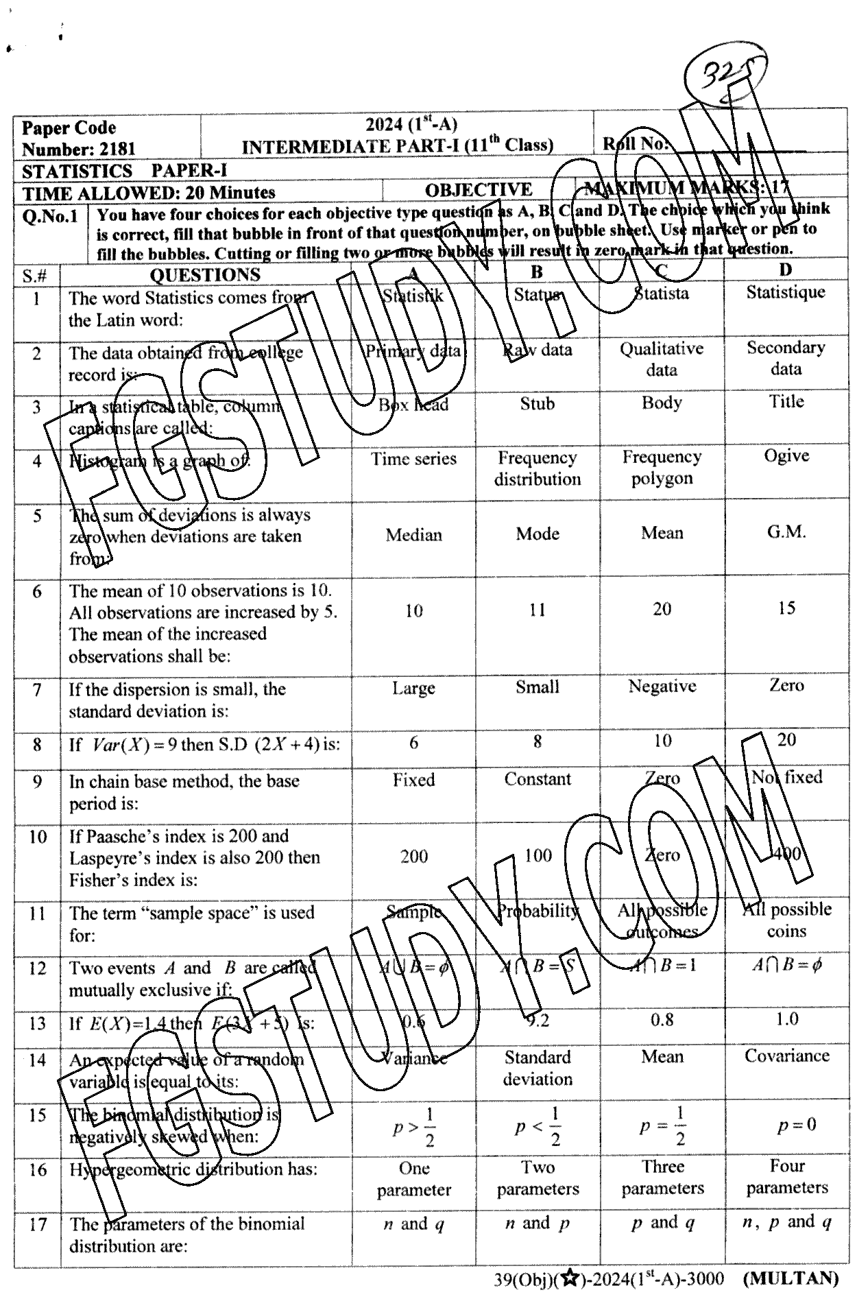 11th Class Statistics Past Paper 2024 Multan Board Objective