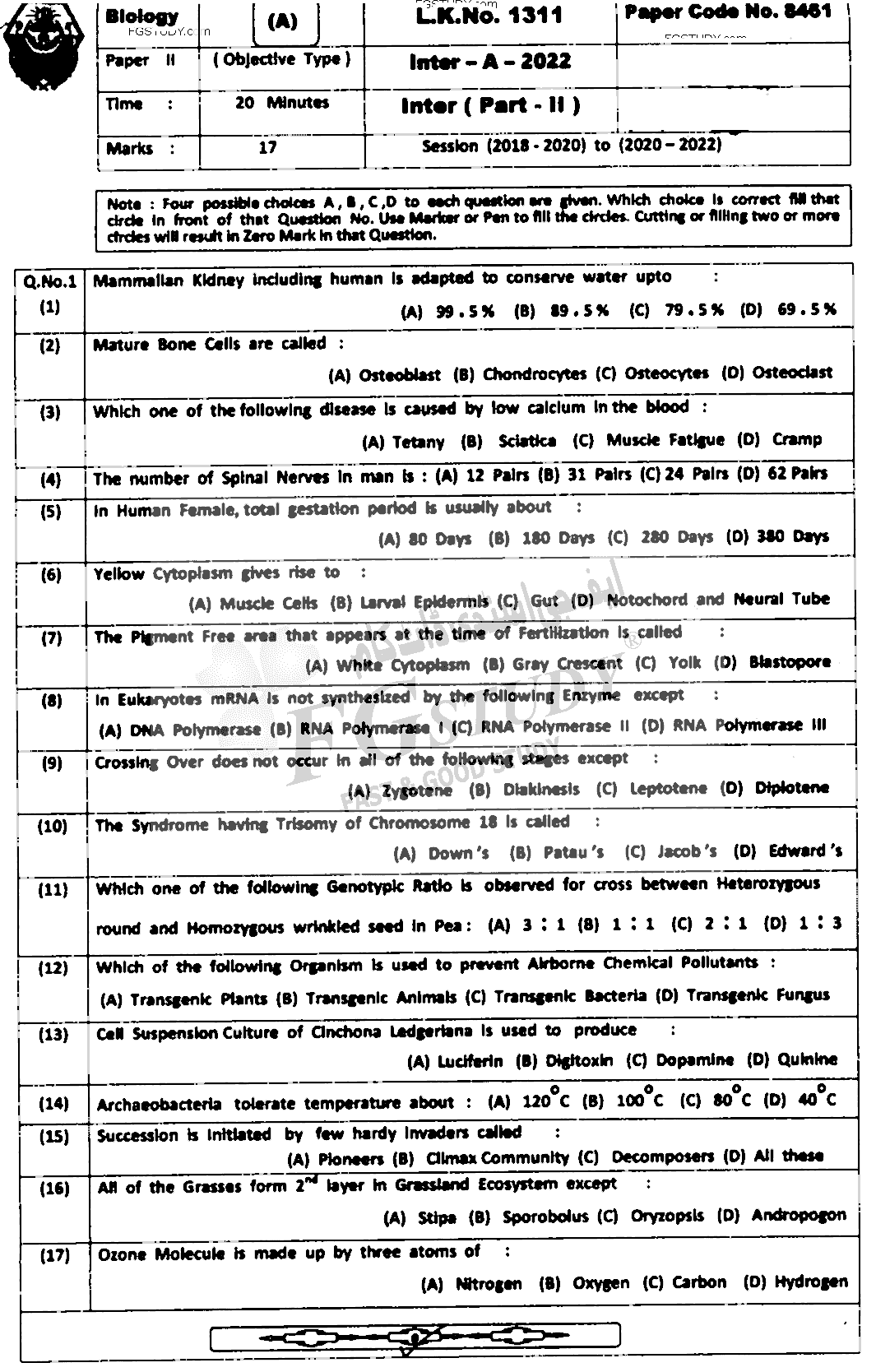 12th Class Biology Past Paper 2022 Bahawalpur Board Objective