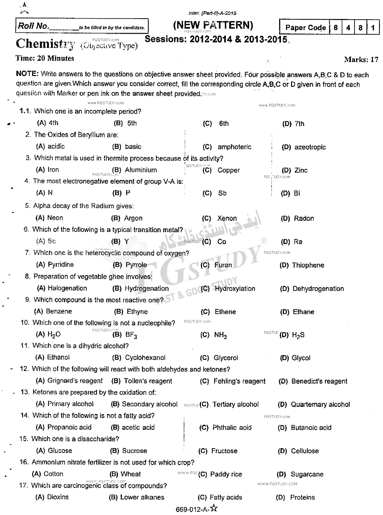 12th Class Chemistry Past Paper 2015 Rawalpindi Board Objective