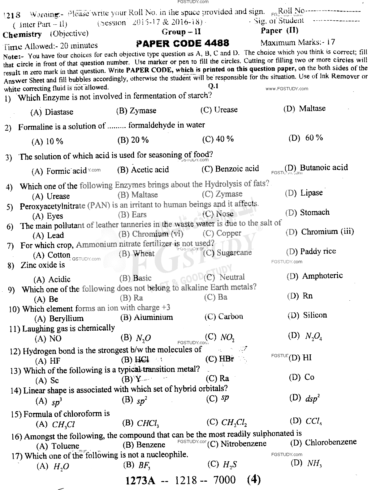 12th Class Chemistry Past Paper 2018 Sargodha Board Group 2 Objective