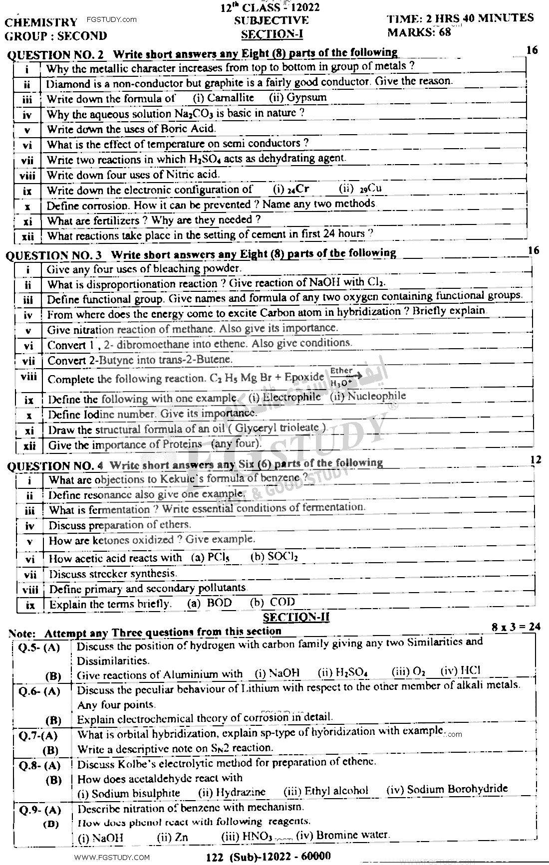 12th Class Chemistry Past Paper 2022 Dg Khan Board Group 2 Subjective