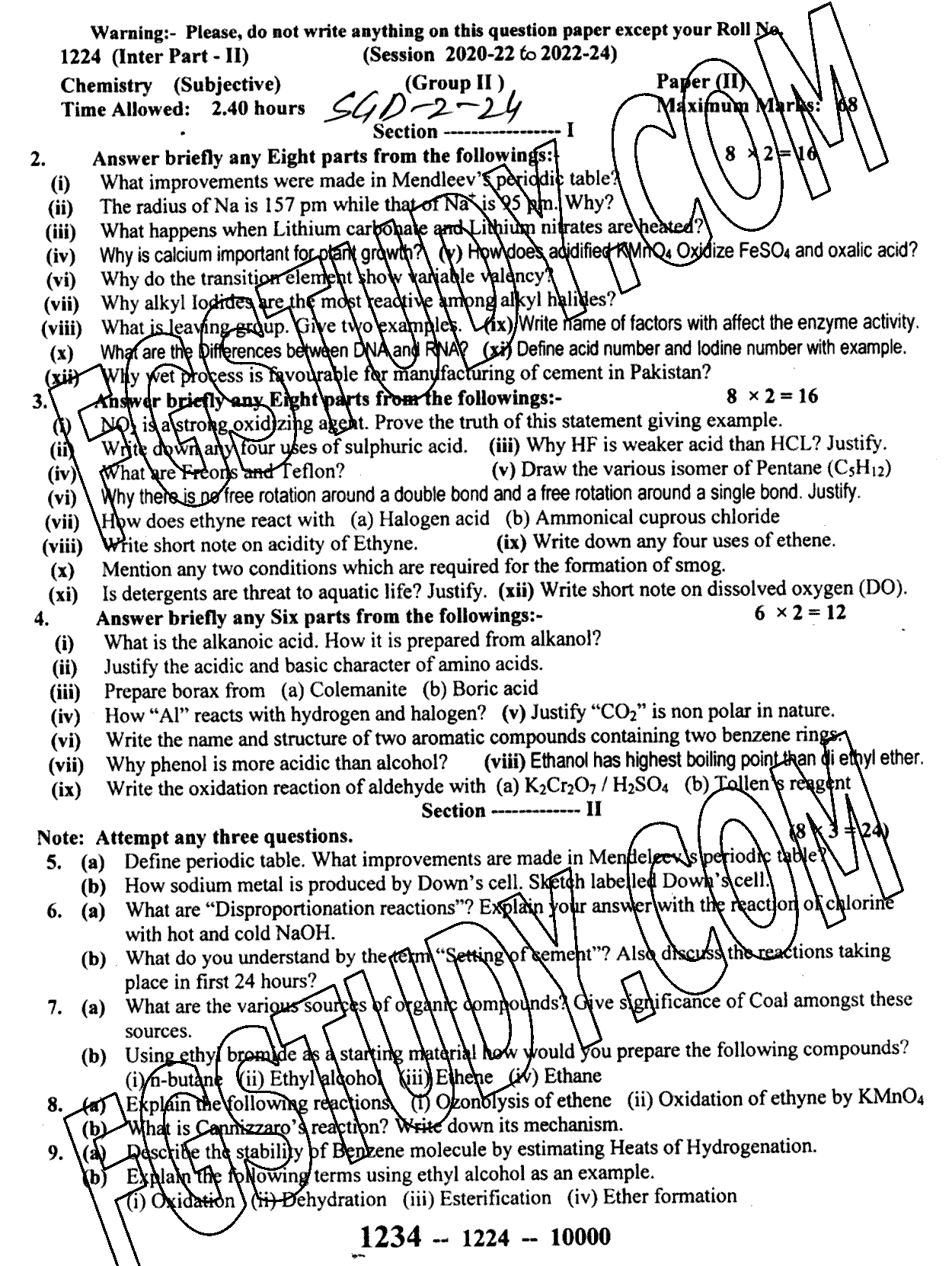 12th Class Chemistry Past Paper 2024 Sargodha Board Group 2 Subjective
