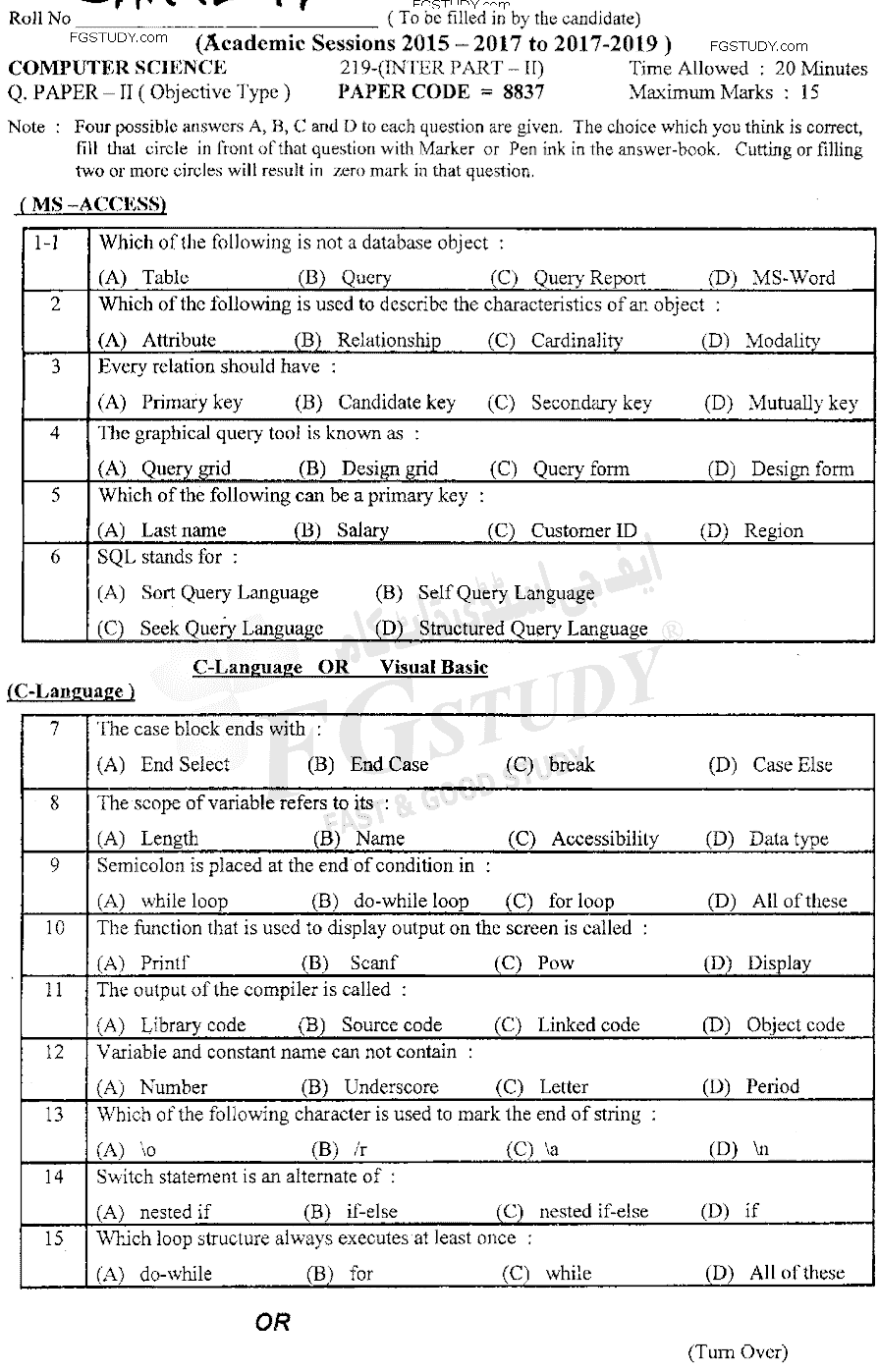 12th Class Computer Science Past Paper 2019 Lahore Board Objective