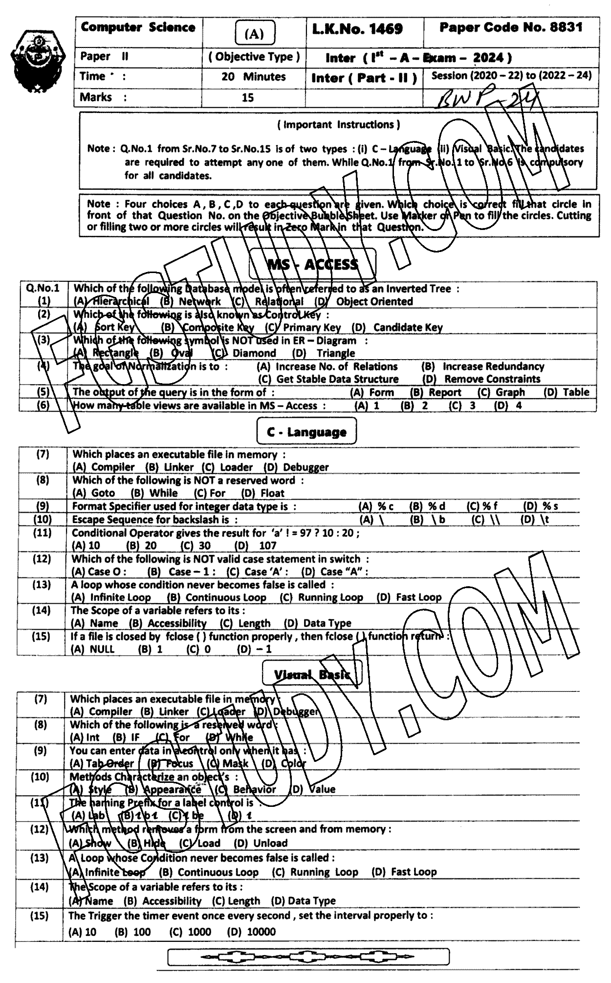 12th Class Computer Science Past Paper 2024 Bahawalpur Board Objective
