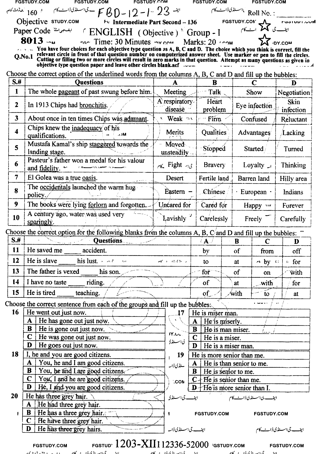 12th Class English Past Paper 2023 Faisalabad Board Group 1 Objective