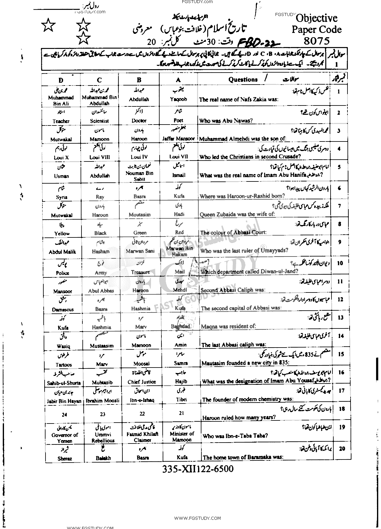 12th Class History Of Islam Abbasi Of Baghdad Past Paper 2022 Faisalabad Board Objective