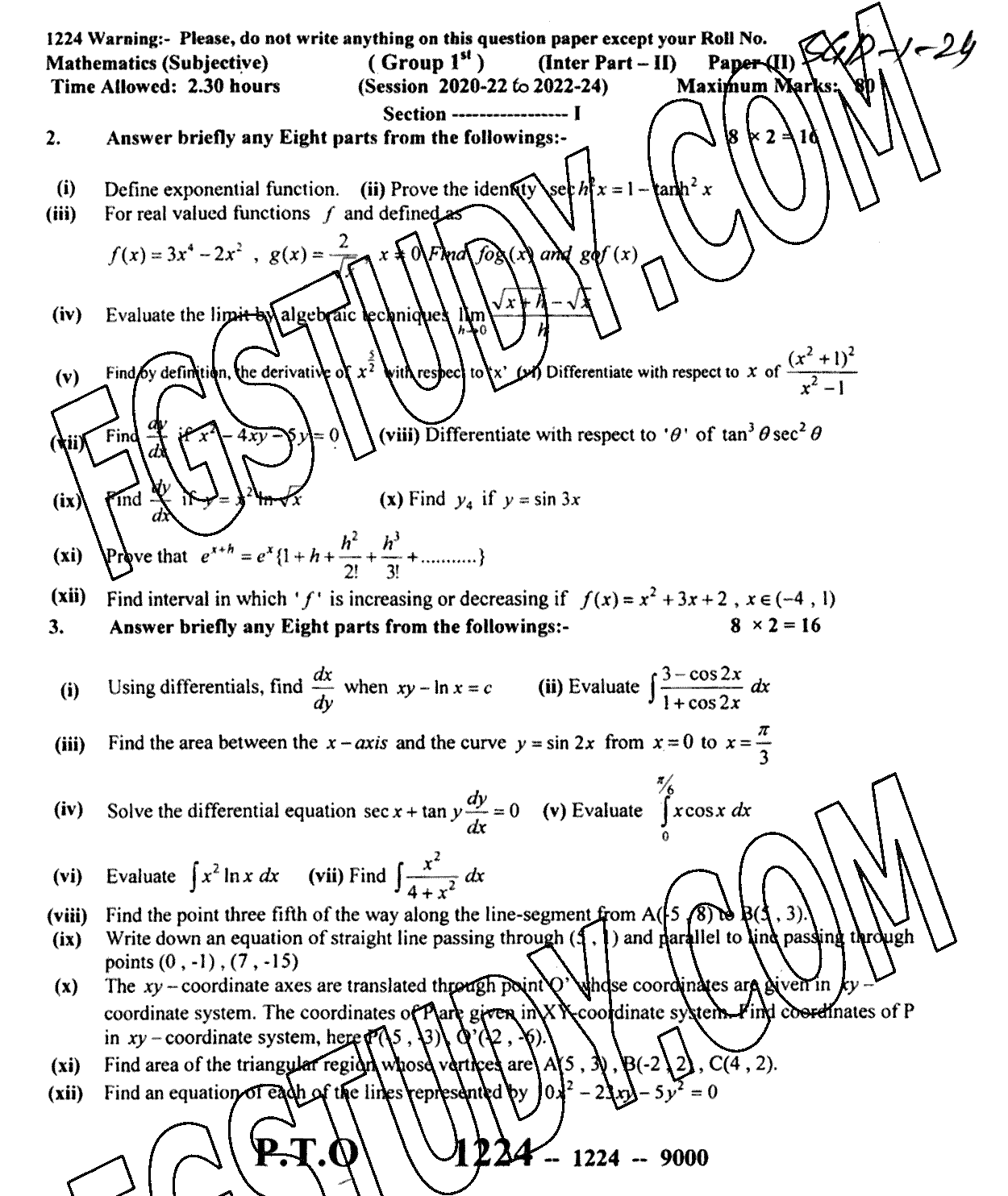 12th Class Mathematics Past Paper 2024 Sargodha Board Group 1 Subjective